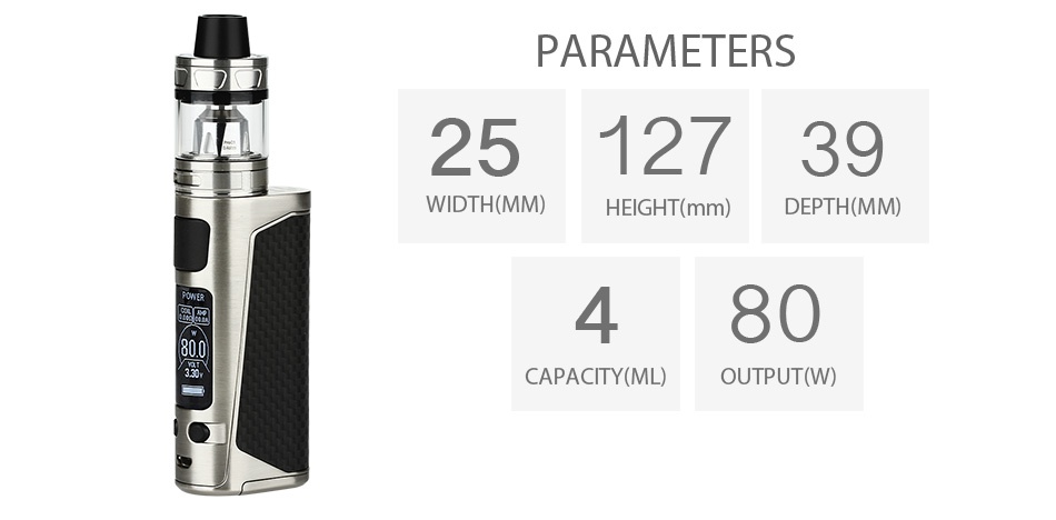 Joyetech eVic Primo Mini 80W with ProCore Aries Kit PARAMETERS 2512739 WIDTH MM  HEIGHT mm  DEPTH MM  480 CAPACITY ML OUTPUT W
