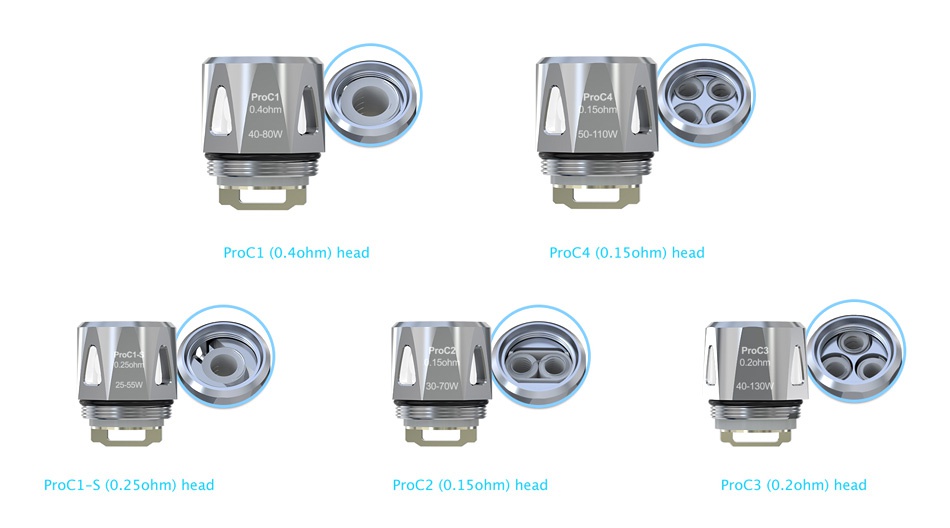 Joyetech eVic Primo Mini 80W with ProCore Aries Kit 50 110W ProCl 0  ohm  head ProC4 0  15ohm  head ProCl S 0 25ohm  head ProC2 0 15ohm  head ProC3 0 ohm  head