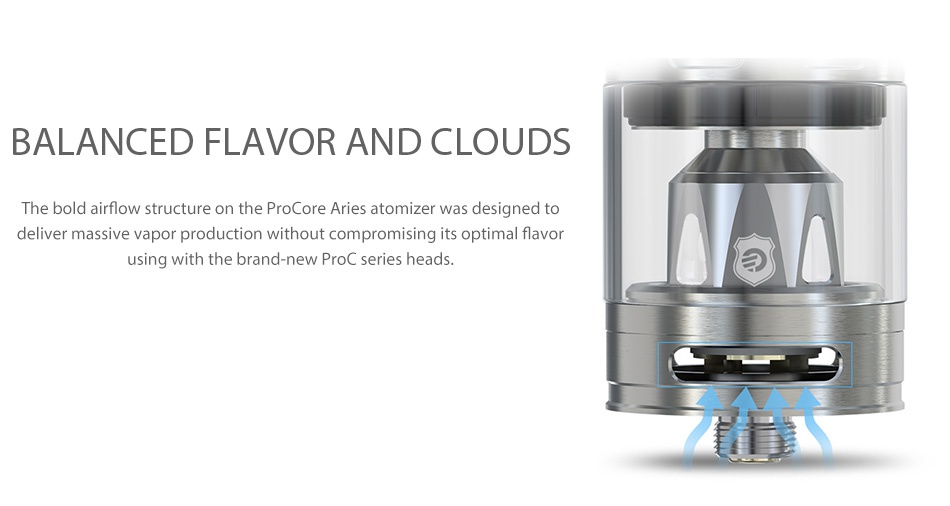Joyetech eVic Primo 2.0 228W with ProCore Aries Full Kit BALANCED FLAVOR AND CLOUDS The bold airflow structure on the ProCore Aries atomizer was designed to deliver massive vapor production without compromising its optimal flavor using with the brand new ProC series heads