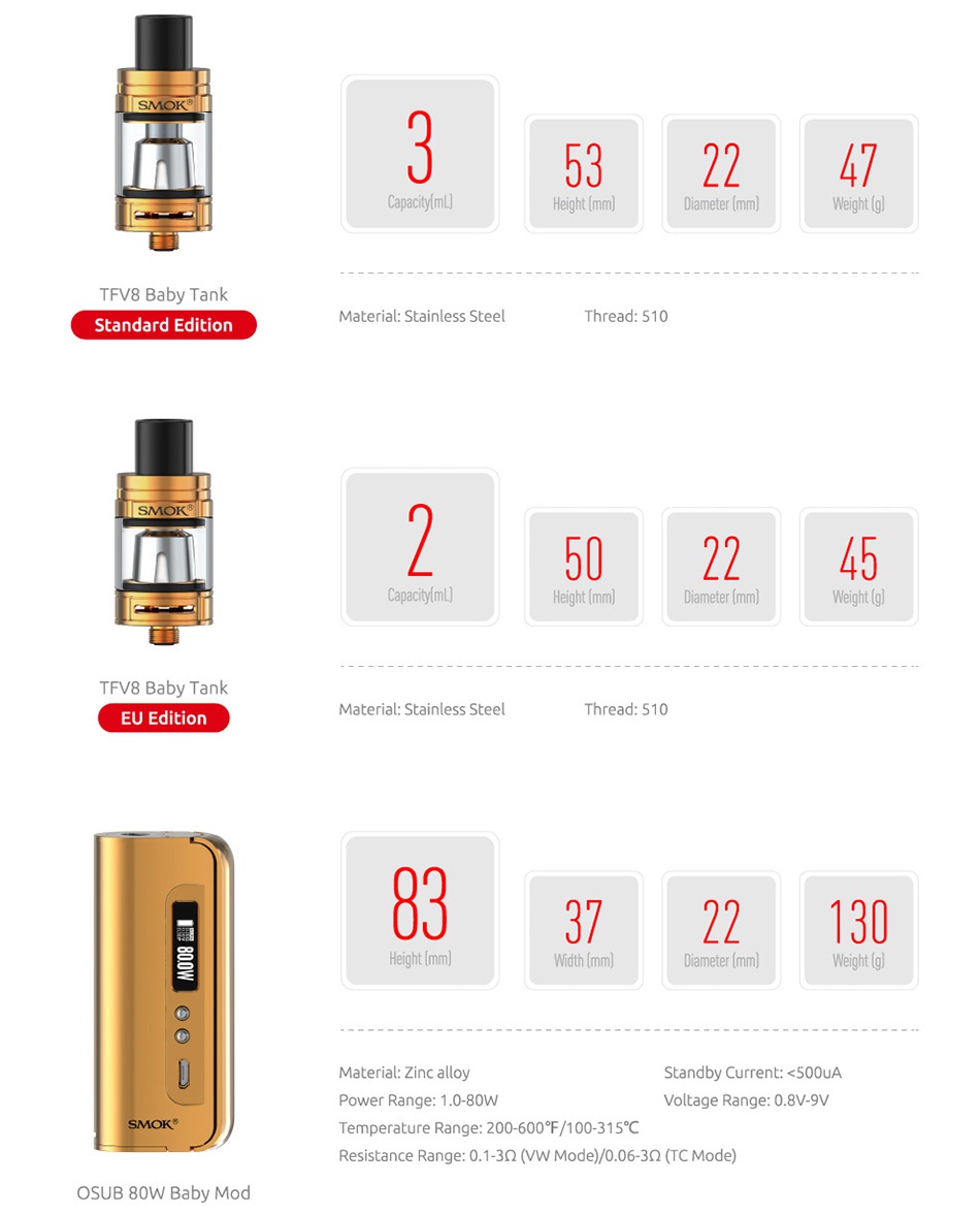 SMOK OSUB 80W Baby TC Kit with TFV8 Baby SMO MOT SMOK SMOK SMOK Black Sliver Sliver Black Full Color GoldGold