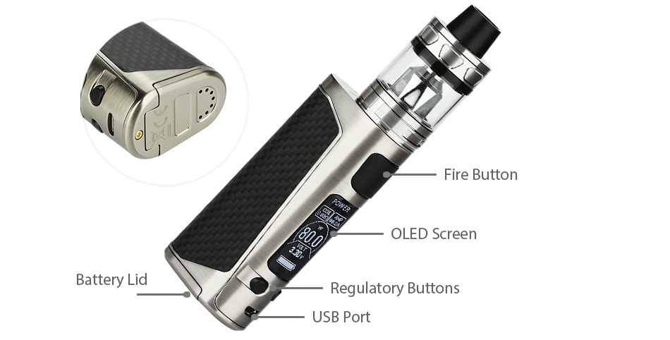 Joyetech eVic Primo Mini 80W with ProCore Aries Kit Fire button OLED Screen Battery lid Requlatory buttons USB Port