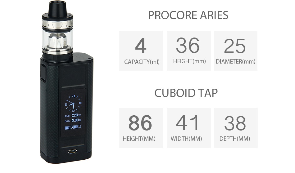 Joyetech CUBOID TAP 228W with ProCore Aries TC Kit PROCORE ARIES 43625 CAPACITY n EIGHT mm  DIAMETER mm CUBOID TAP cOIL 0 009 864138 GHT MM  WIDTH MM  DEPTH MM
