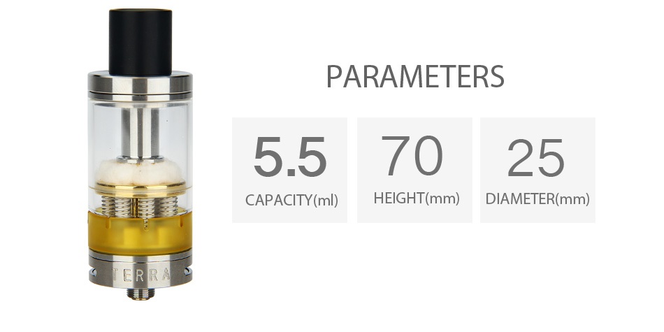 Envii Terra Octo-coil RTA 5.5ml PARAMETERS 557025   CAPACITY ml HEIGHT mm  DIAMETER mm