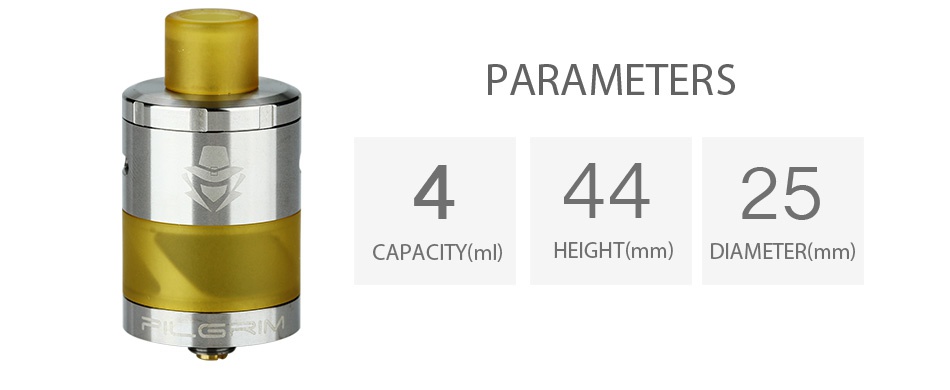 Digiflavor Pilgrim GTA Tank 4ml PARAMETERS 44425 CAPACITY ml  HEIGHT mm  DIAMETER mm