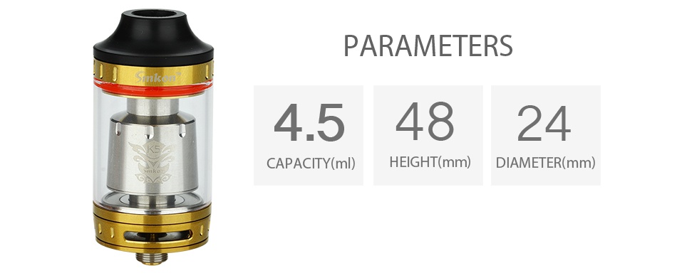 Smkon KUMO RTA/Subohm Tank 4.5ml PARAMETERS 4 54824 CAPACITY ml  HEIGHT mm  DIAMETER mm