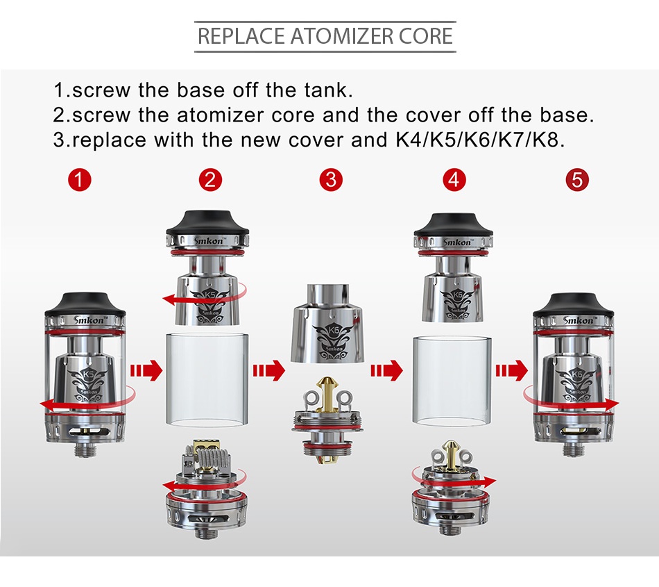 Smkon KUMO RTA/Subohm Tank 4.5ml REPLACE ATOMIZER CORE 1  screw the base off the tank 2  screw the atomizer core and the cover off the base 3  replace with the new cover and K4 5 K6 K7 K8 a Sakon  a Smo