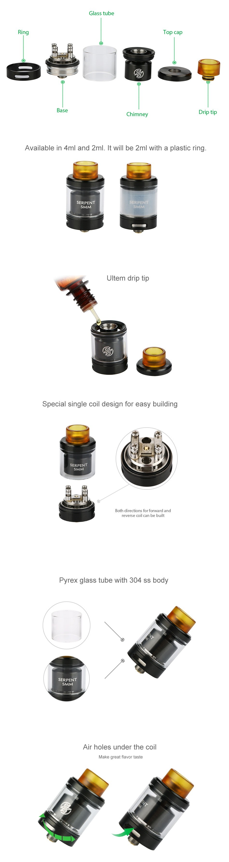 WOTOFO Serpent SMM RTA 4ml Glass tube Top cap Chimney Drip tip Available in 4ml and 2ml  It will be 2ml with a plastic ring pecial single coil design for easy building th directions for forward and Pyrex glass tube with 304 ss body Air holes under the coil