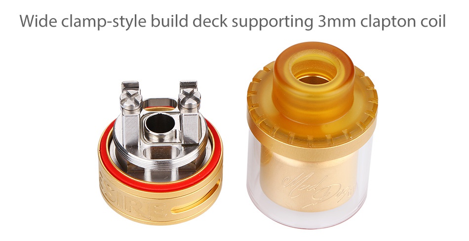 Desire Mad Dog GTA 3.5ml Wide clamp style build deck supporting 3mm clapton coil