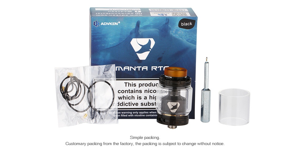 Advken MANTA RTA 5ml AOVKEN black nENTA RT This produc contains nico which is a hic ddictive subst imple packing Customary packing from the factory  the packing is subject to change without notice