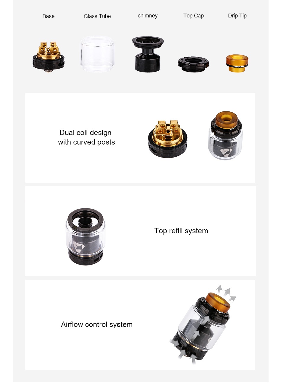 Advken MANTA RTA 5ml Base Glass Tube Top Cap Dual coil design with curved posts Top refill system   Airflow control system
