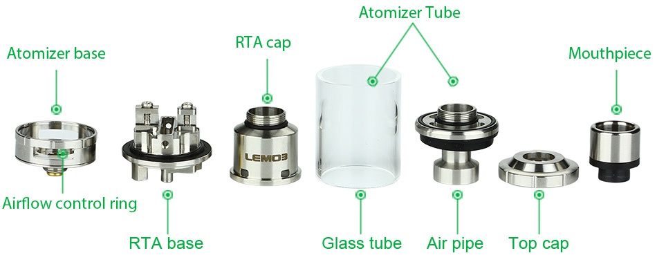 Eleaf Lemo 3 Atomizer With RTA Base 4ml Atomizer tube Ca Atomizer base p Mouthpiece Airflow control ring RTA base Glass tube Air pipe Top cap