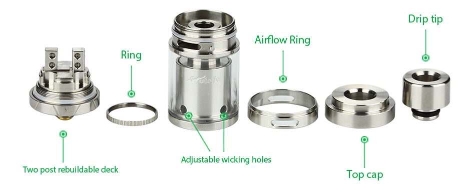 WOTOFO Sapor RTA Atomizer 2ml Ip tip Airflow Ring Ring Two post rebuildable deck Top cap