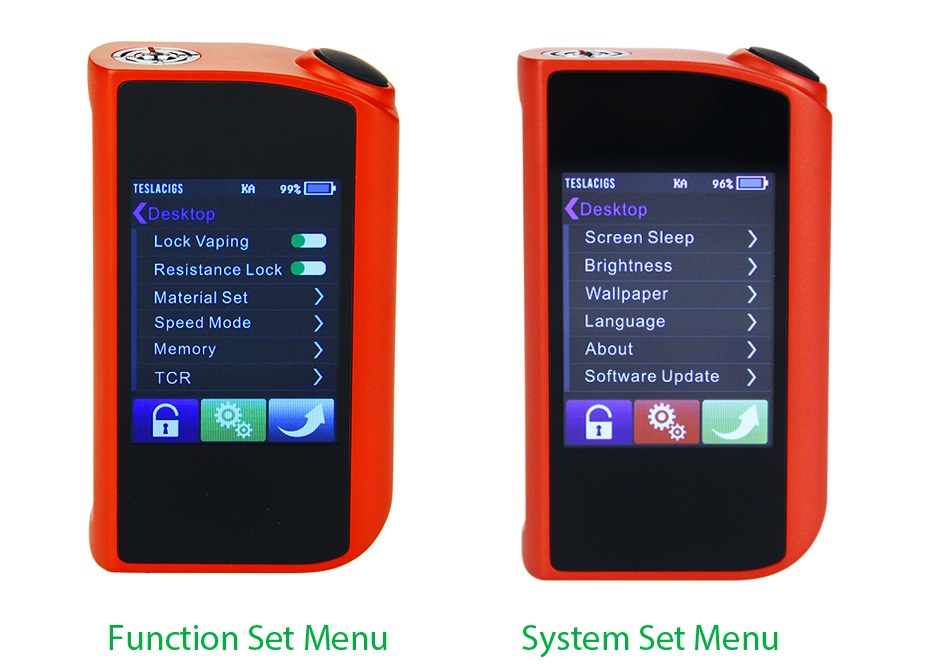 Tesla Touch 150W TC Mod TESLACIGS K9   TESLACIGS K96  Lock Vaping Screen Sleep Resistance lock Brightness Material Set Wallpaper Speed Mode Memory About TCR   Software Update Function set menu System Set Menu