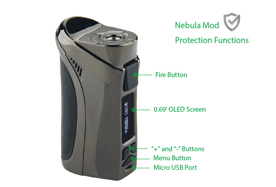 Vaporesso Nebula 100W TC Box MOD Nebula mod Protection functions Fire button 0 69 OLED Screen   and  buttons Menu button Micro usb port