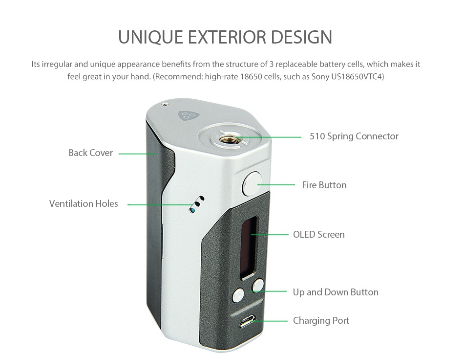 Wismec Reuleaux DNA200 TC Express Kit UNIQUE EXTERIOR DESIGN Its irregular and unique appearance benefits from the structure of 3 replaceable battery cells  which makes it feel great in your hand   Recommend  high rate 18650 cells  such as Sony US18650VTC4 510 Spring Connector Back cove Fire butt Ventilation holes OLED Scree and down button Port