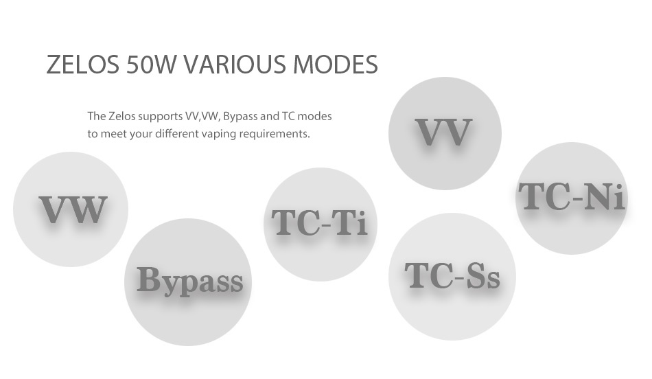 Aspire Zelos 50W TC Box MOD 2500mAh ZELOS SOW VARIOUS MODES The Zelos supports WV W  Bypass and TC modes to meet your different vaping requirements wW TTC Ni ITC Ti Bypass TTC Ss