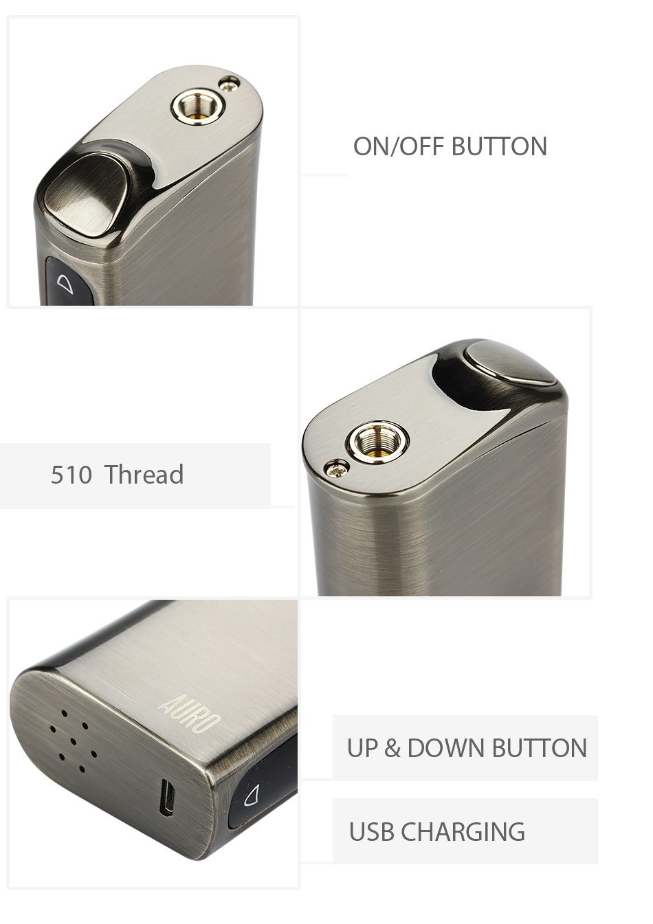 AURO Retro 60W TC Box MOD 2200mAh ON OFF BUTTON 510 Thread up doWN button USB CHARGING