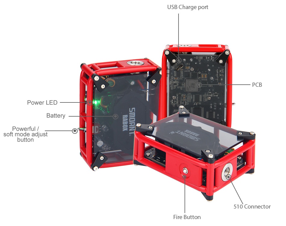 Smoant RABOX 100W Handmade MOD 3300mAh USB Charge port PCB Power LED Battery Powerful soft mode adjust button 510 Connector Fire button