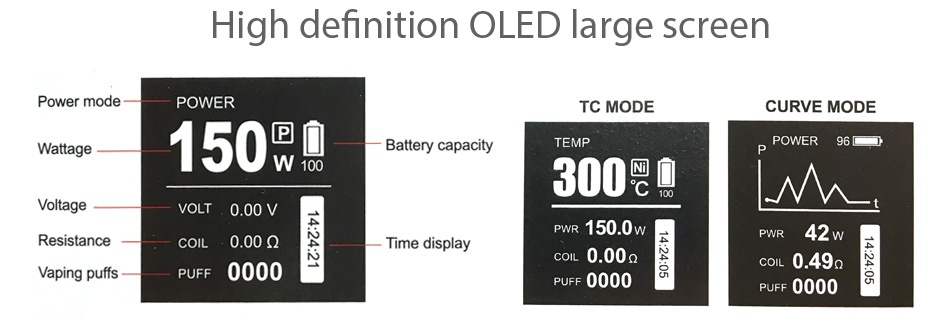 GTRS GT150 150W TC Box MOD 4000mAh High definition OLED large screen Power mode POWER TC MODE CURVE MODE Wattage 150m Battery capacity TEMP POWER96  300g VOLT 0 00V PWR 1500w Resistance COIL 0 00QA Time display 42 COIL 00Q Vaping puffs PUFF 0000 PUFF 0000 PUFF 0000