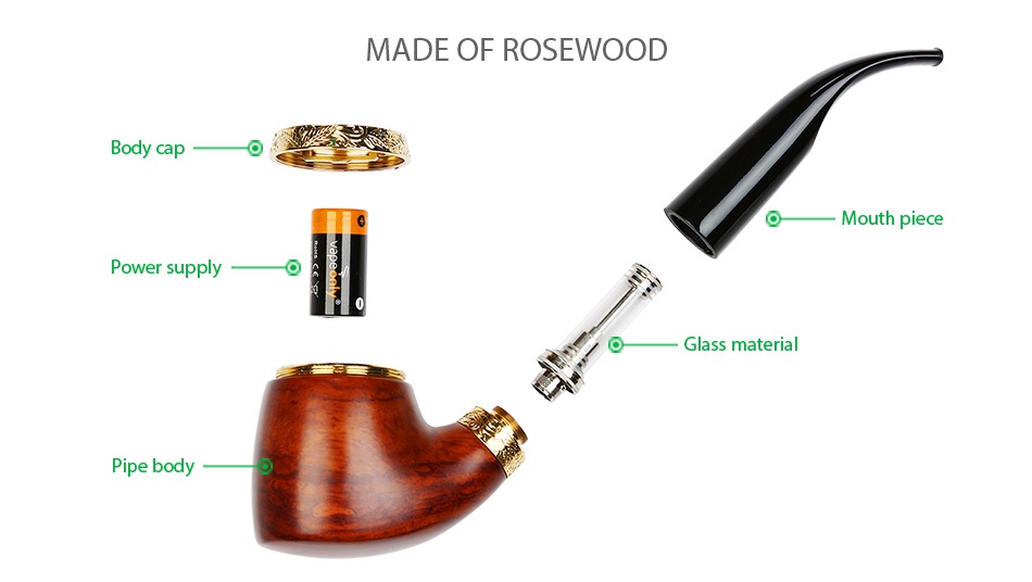 VapeOnly vPipe 3 e-Pipe 18350 Starter Kit 1100mAh MADE OF ROSEWOOD cap Mouth piece Power supply Glass materia