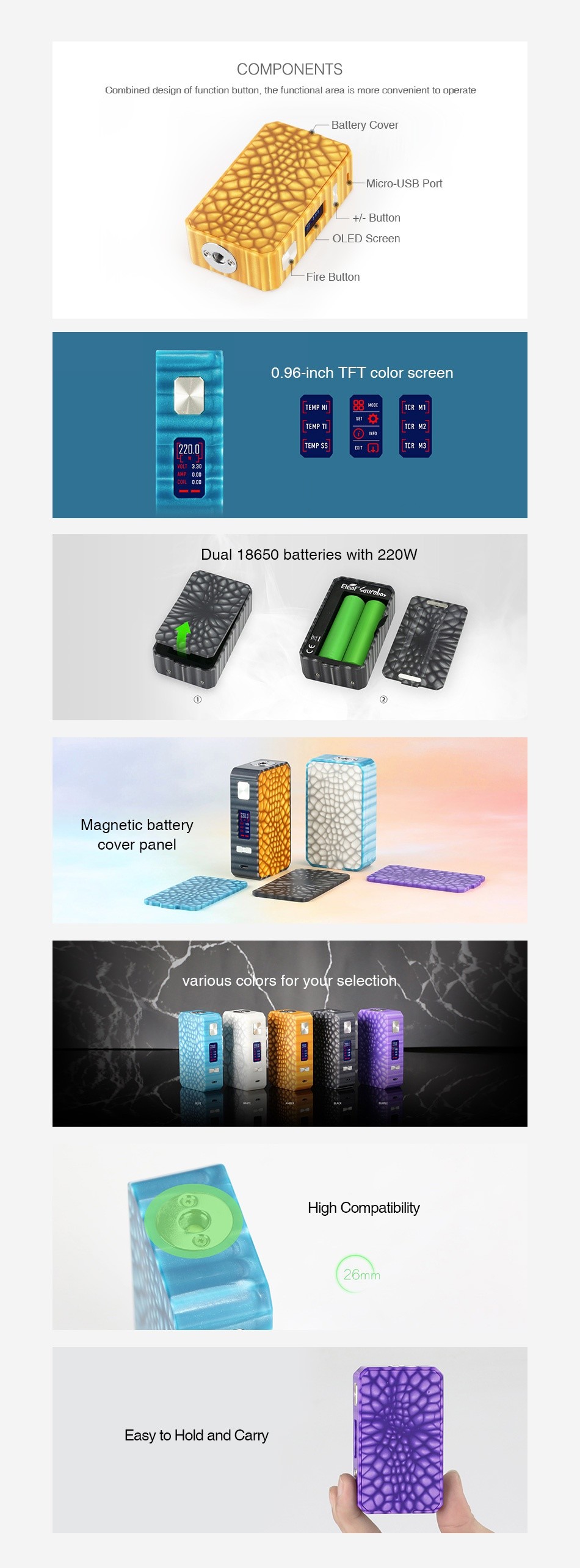 Eleaf Saurobox 220W TC Box MOD COMPONENTS  nmhinerl design nf function hutton  the funntinna s mnre conven ent tn operate OLED Screen Tire button 0  96 inch TFT color screen Dual 18650 batteries with 220W Magnetic battery various colors for your selection High Compatibilit Easy to Hold and carry