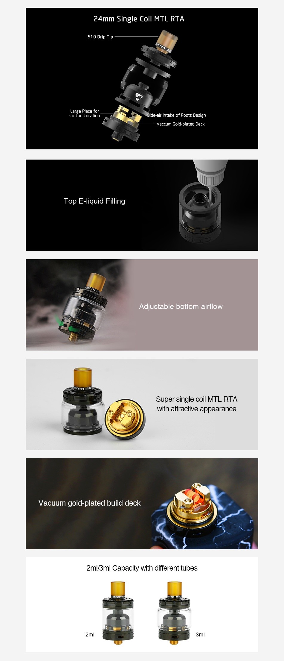 Advken MANTA MTL RTA 2ml/3ml 24mm Single Coil MTL RTA 510 Drip Tip Cotton locat on Vaccum Gold plated Deck Top E liquid Filling Adjustable bottom airflow Super single coll MIL RTA with attractive appearance Vacuum gold plated build deck 2m 3ml Capacity with different tubes 2ml 3ml
