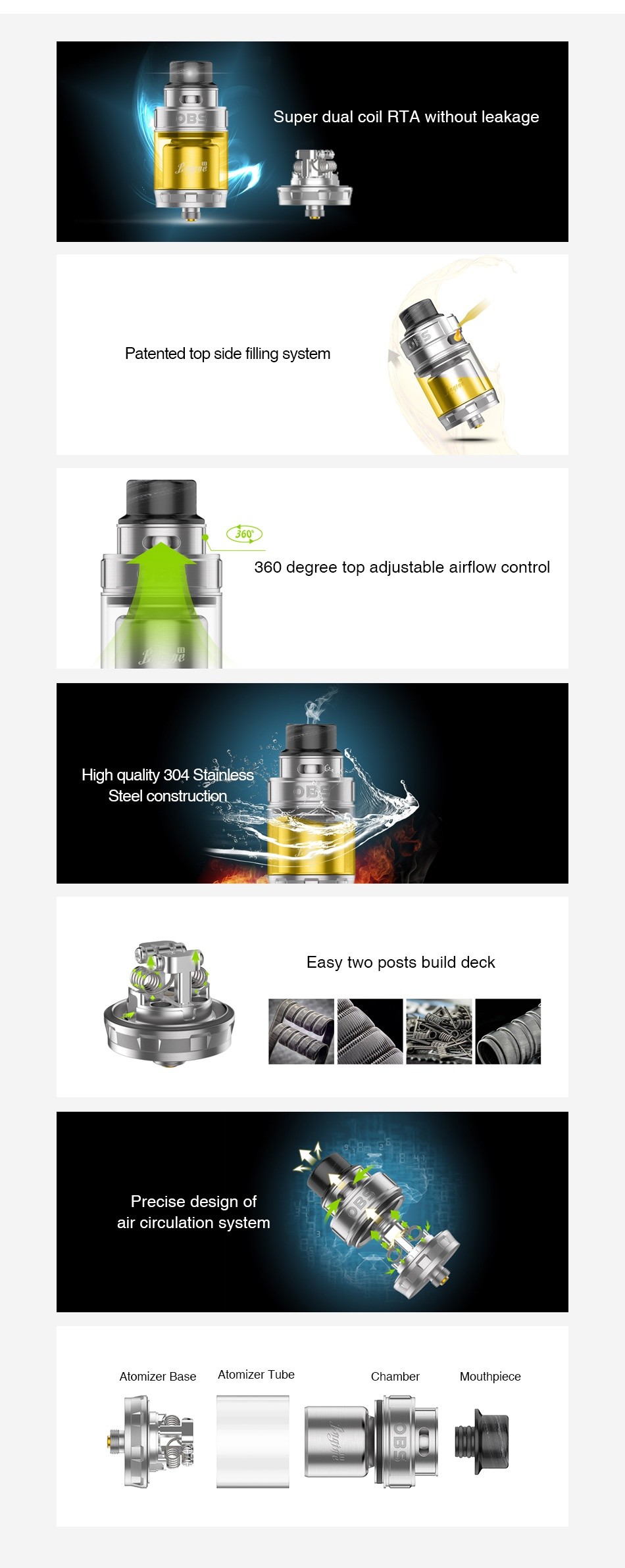 OBS Engine 2 RTA 5ml Super dual coil RTA without leakage Patented top side filling system 360 degree top adjustable airflow control High quality 304 Stainless Steel canstruction Easy two posts build deck     P design of air circulation system Atomizer basc Alor izer Tute Chambcr MouthpIece
