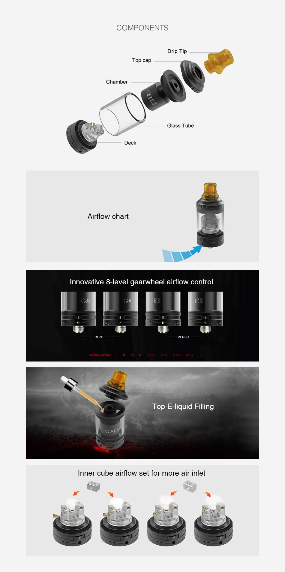 Vapefly Galaxies MTL RTA 2ml/3ml COMPONENTS Drip Tip Top cap Glass Tube Airflow chart Innovative 8 level gearwheel airflow control HES     l  Top E liquid Filling Inner cube airflow set for more air inlet