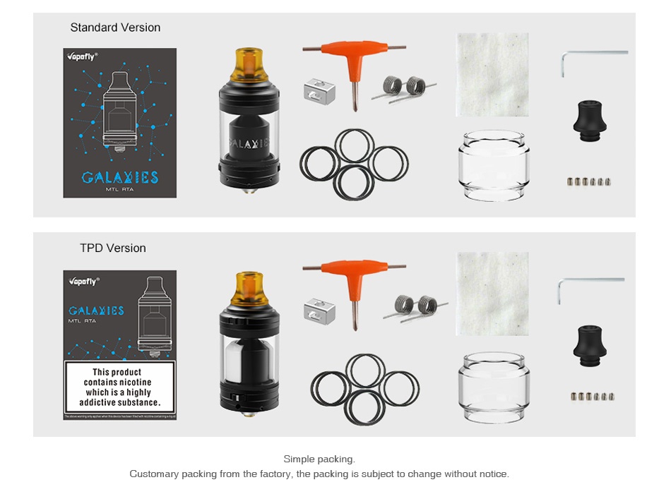 Vapefly Galaxies MTL RTA 2ml/3ml Standard Version Copoly LAXI GaLAXIES TT   TPD  ersion GALAXIES This product contains nicotine which is a highly addictive substance TT   Customary packing from the factory  the pack bject to change without notice
