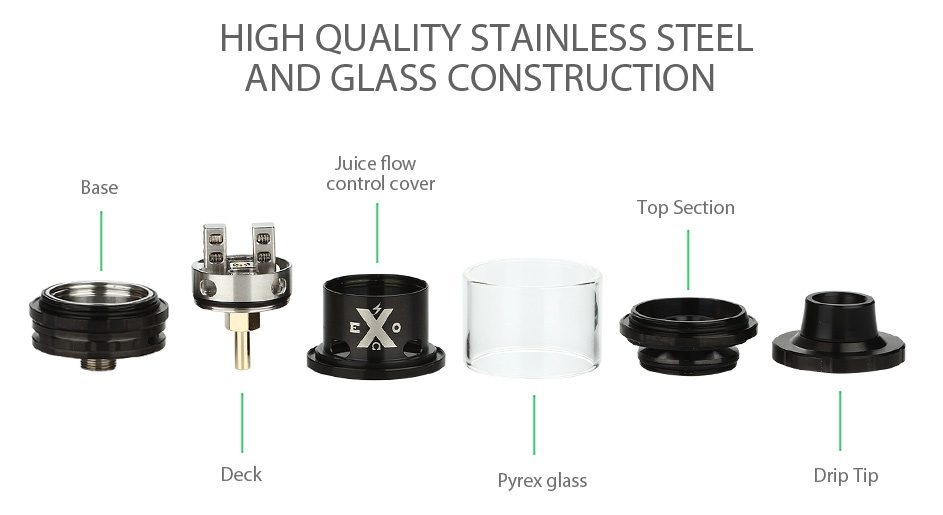 IJOY EXO RTA 6ml HIGH QUALITY STAINLESS STEE AND GLASS CONSTRUCTION uIce Tlow ase control cover Top Section Deck yrex glass Drip Tip