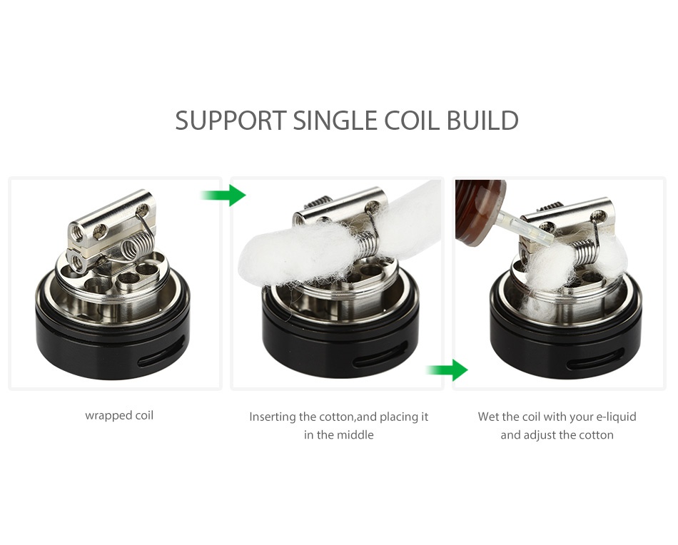 WOTOFO The Troll RTA 5ml SUPPORT SINGLE COIL BUILD wrapped coil Inserting the cotton  and placing it Wet the coil with your e liquid in the middle and adjust the cotton