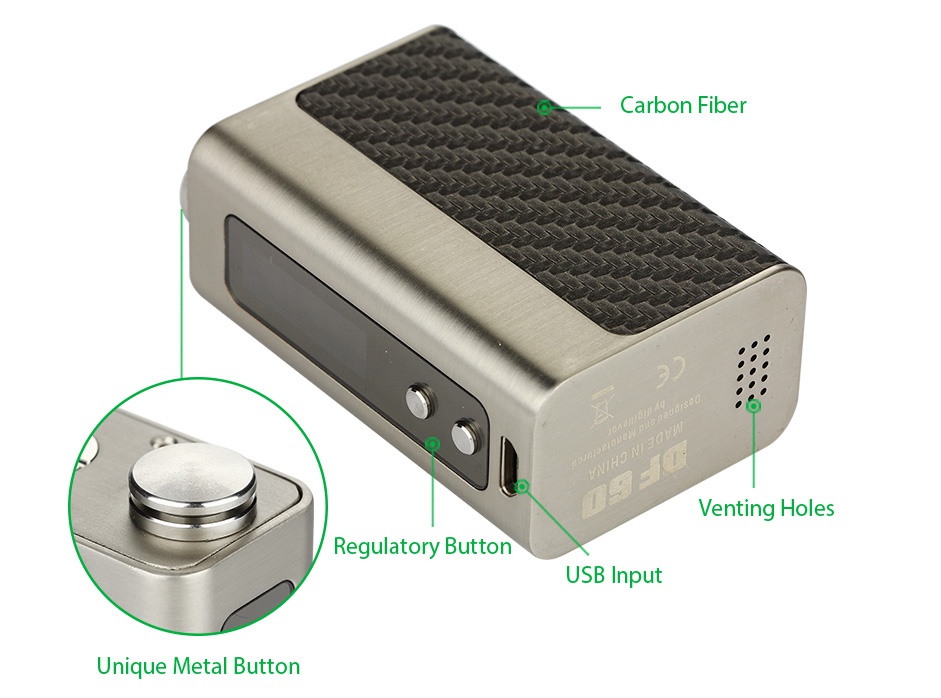 Digiflavor DF 60 TC MOD 1700mAh Carbon fiber Venting holes Requlatory button USB Input Unique Metal Button