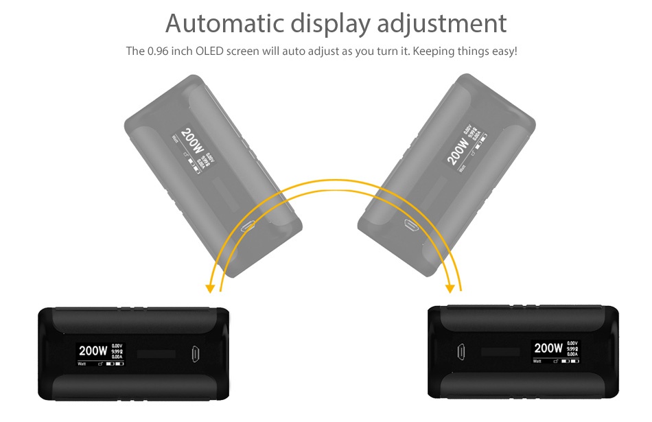 Aspire Speeder 200W TC Kit Automatic display adjustment The 0 96 inch OLED screen will auto adjust as you turn it  Keeping things easy 200W