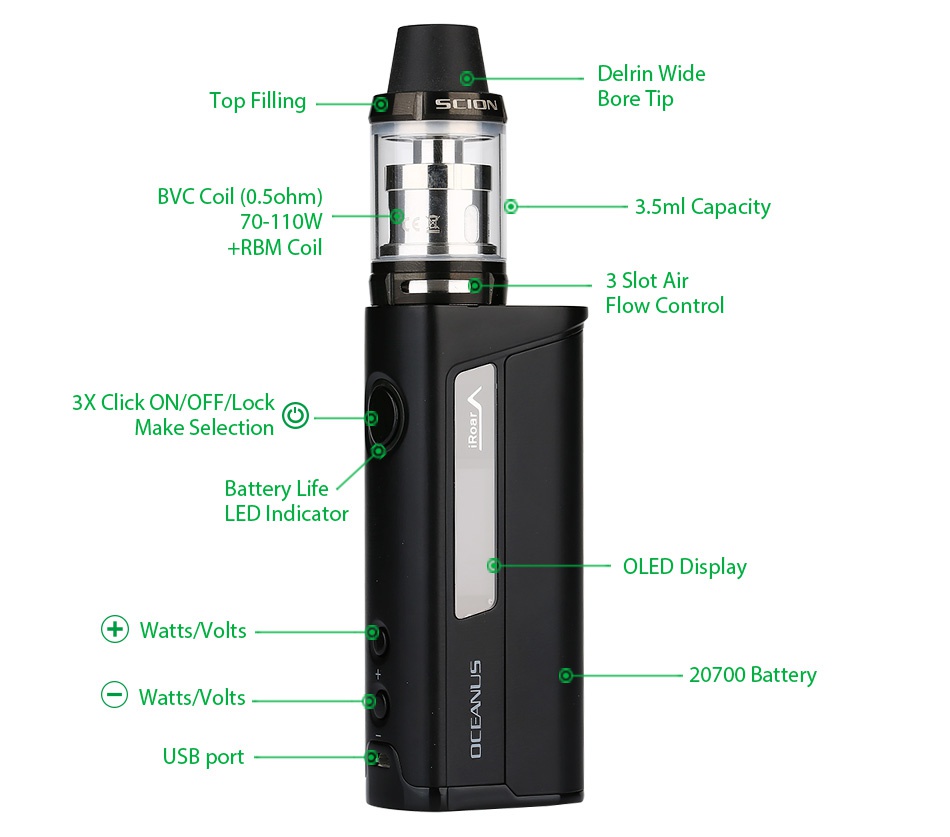 Innokin OCEANUS Scion 110W 20700 VW Kit 3000mAh Delrin wide s  Bore Tip C Coil 0 ohm 3 5ml Capacit 70 110W  rbm coil 3 Slot air Flow control 3X Click ON OFF Lock Make selection Battery Life LED Indicator OLED Display  Watts olts 20700 Battery Watts olts USB port