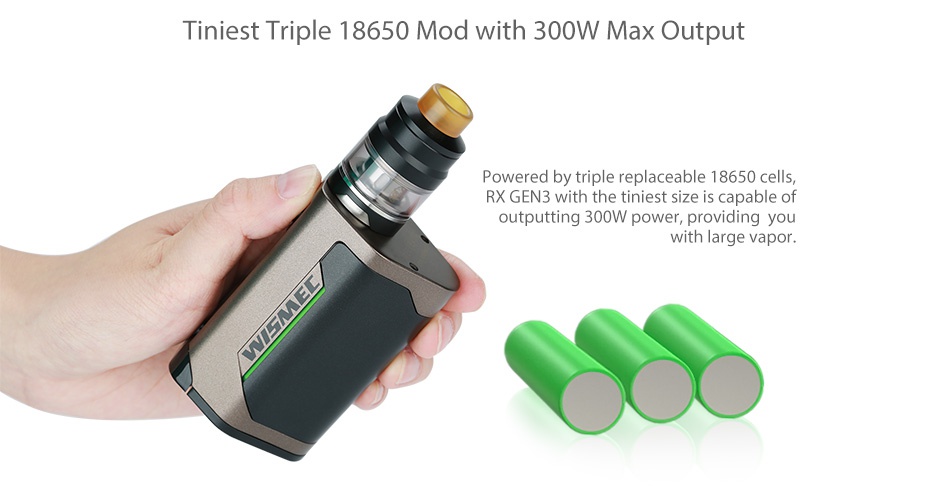 WISMEC Reuleaux RX GEN3 300W with Gnome TC Kit Tiniest Triple 18650 Mod with 300W Max Output Powered by triple replaceable 18650 RX GEN3 with the tiniest size is capable of outputting 300W power  providing you with large vapor