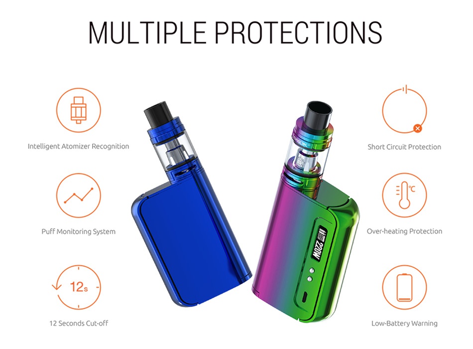 SMOK OSUB King 220W TC Kit with TFV8 Big Baby MULTIPLE PROTECTIONS Intelligent Atomizer Recognition Short Circuit Protection Puff Monitoring System Over heating Protection 12 Seconds Cut oFF