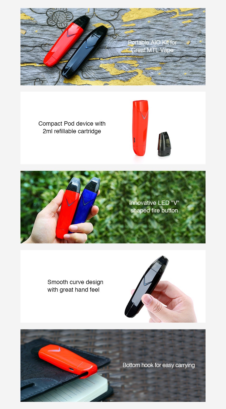 Suorin Vagon Starter Kit 430mAh able Alo  Kitfo eat MTL Compact pod device with 2ml refillable cartridge Innovative LEDV shaped fire button Smooth curve design with great hand feel Bottom hook for easy carrying