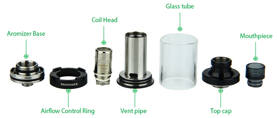 WISMEC Vicino Starter Kit Glass tube Dll Hea Aromizer base Mouthpiece Airflow Control Ring Vent pipe op cap