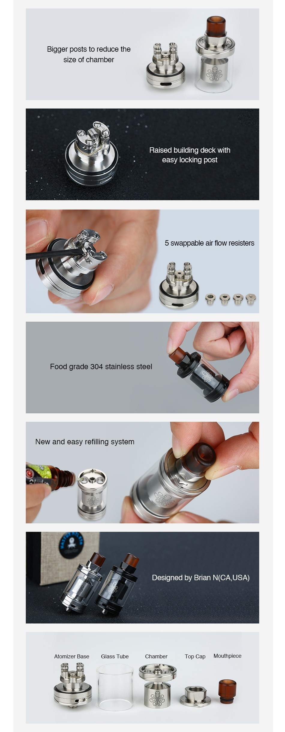Cthulhu Hastur MTL RTA 3.5ml Bigger posts to reduce the size of chamber Raised building deck with easy locking post 5 swappable air flow resisters Food grade 304 stainless steel New and easy refilling system Designed by Brian N CA  USA  Atomizer base class I ube Chamber ap Cap mouti