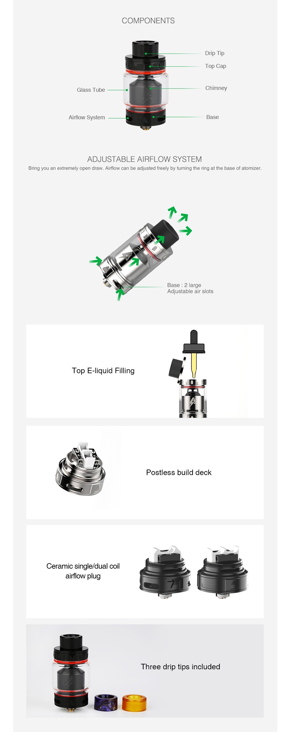 Blitz Intrepid RTA 3.5ml COMPONENTS Top Cap Glass Tub chirr ney Airflow System Base ADJUSTABLE AIRFLOW SYSTEM Bring you an extremely open draw  Airflow can be adjusted freely by tuRning the ring al the base of atomi Base  2 large Adjustable air slots Top E liquid Filling Postless build deck Ceramic single dual coil Three drip tips included