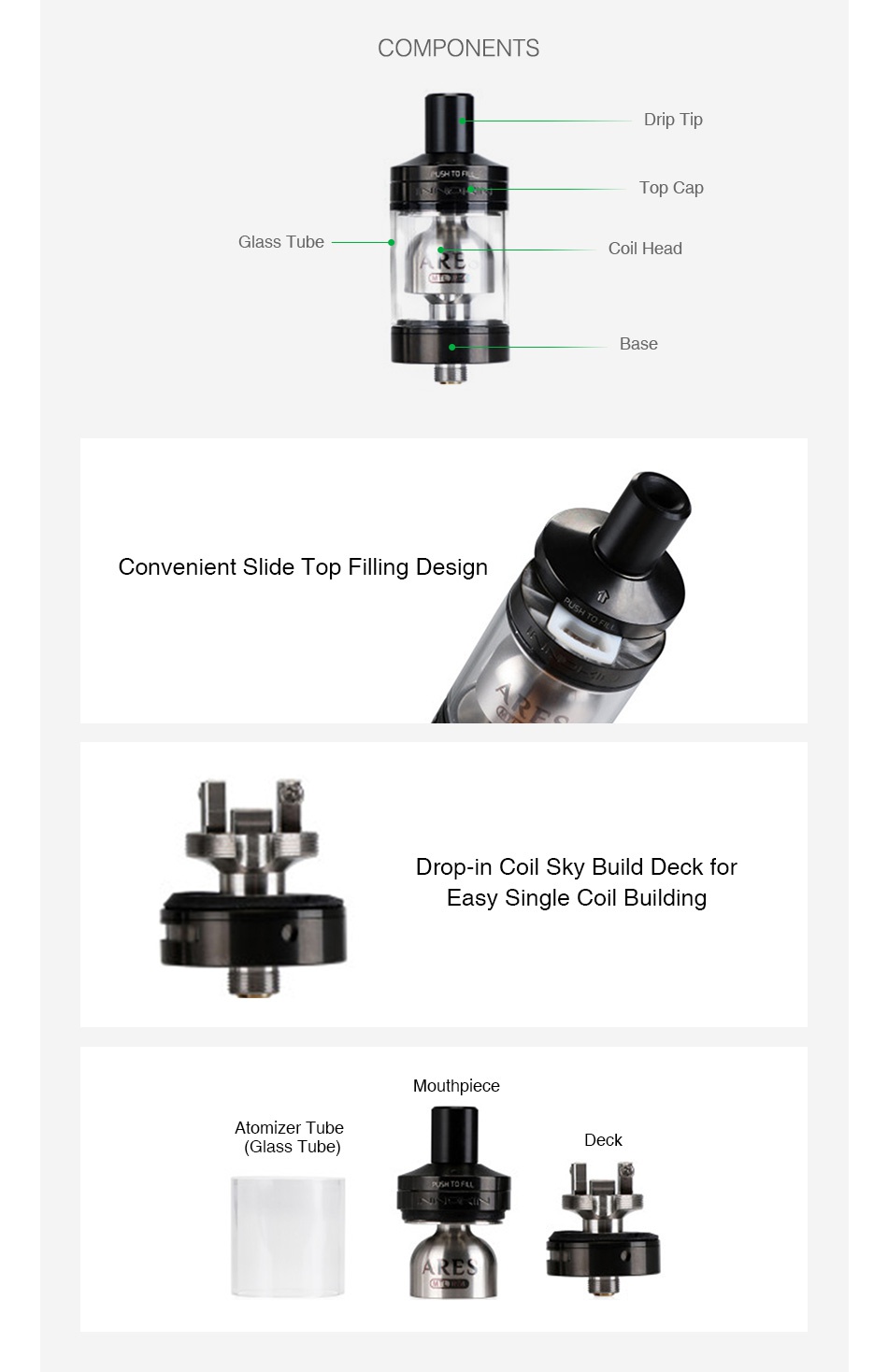 Innokin Ares MTL RTA 5ml/2ml COMPONENTS Drip Tip Top Cap Glass Tube Coil Head Base Convenient Slide Top filling design Drop in Coil Sky Build Deck for Easy Single Coil Building Atomizer tube  Glass Tube  Deck