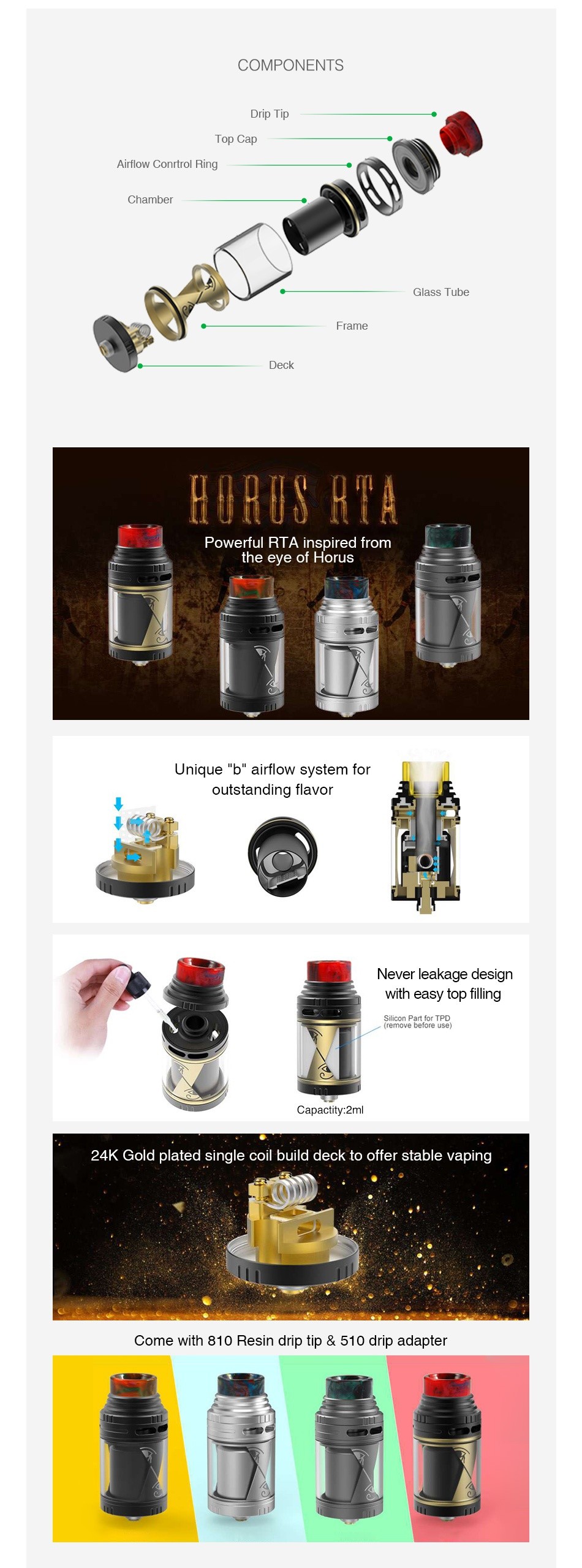 Vapefly Horus RTA 4ml COMP  NENTS Airflow Conrtrol Ring Chamber Deck HURUSHTA Powerful ri a inspired from t Unique b  airflow system for outstanding flavor      Never leakage desigr ith Capactity  2ml 24K Gold plated single coil build deck to offer stable vaping Come with 810 Resin drip tip  510 drip adapter