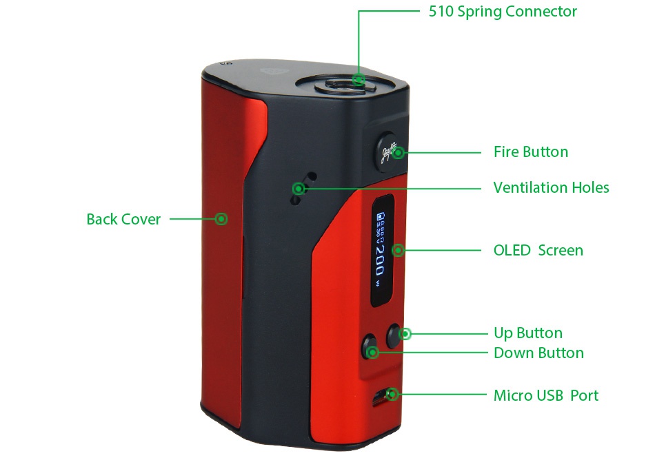 WISMEC Reuleaux RX200 TC Express Kit 510 Spring Connecto Fire button Ventilation holes Back cover OLED Screen Up Button Down button Micro usb port