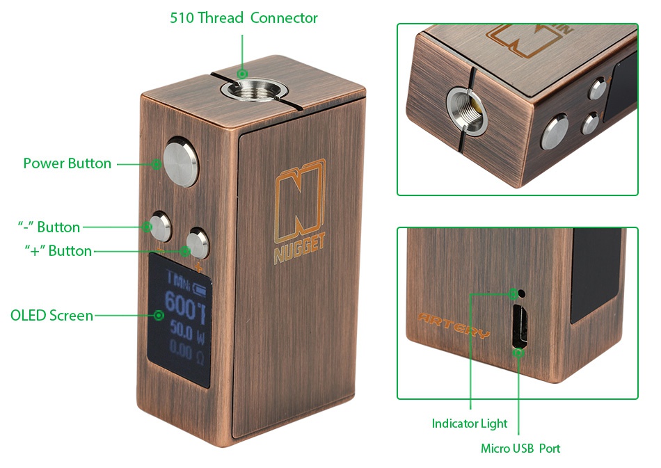 50W Artery Nugget TC Box MOD Zinc Edition 1000mAh 510 Thread connector Power Button Button Button OLED Screen dicator Light Micro usb port