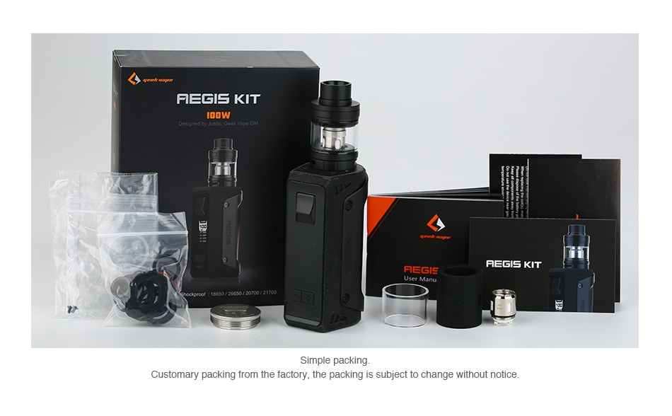 GeekVape Aegis 100W 26650 TC Kit with Shield Tank REGIS KIT   HEGIS KIT Simple packing Customary packing from the factory  the packing is subject to change without notice