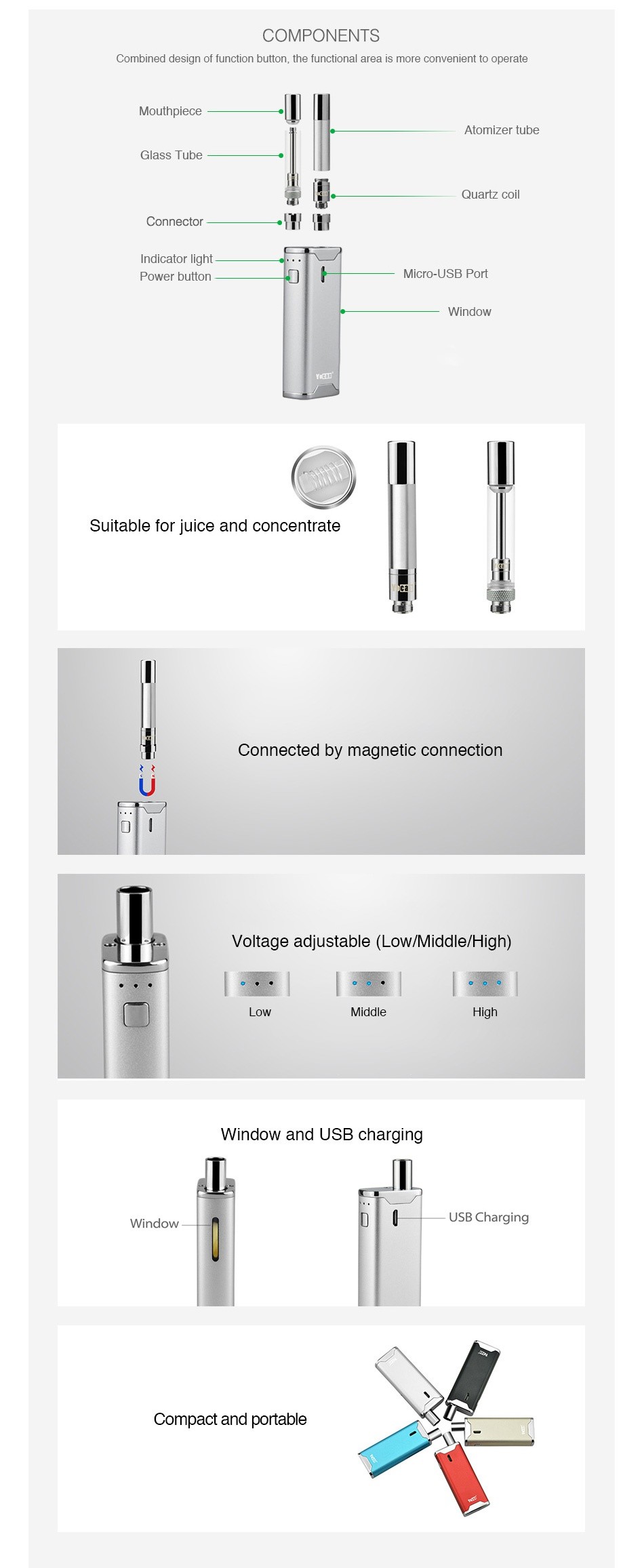 Yocan Hive 2.0 VV AIO Kit 650mAh COMPONENTS Combincd dcsign of function button  the functional arca is morc convenient to operato Atomizer tubc Glass Tube Quartz coi Connector Indicator light Power button 0 Micro USB Port Window Suitable for juice and concentrate Connected by magnetic connection Voltage adjustable LOW Middle High  LoW High Window and USB charging Window USB Charging Compact and portable