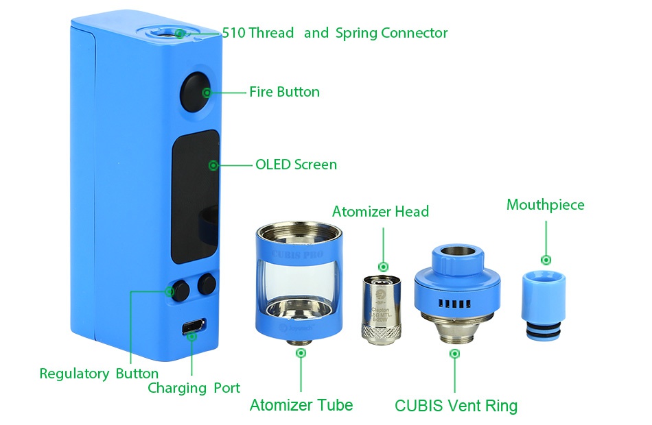 Joyetech eVic VTwo Mini with CUBIS Pro Full Kit 510 Thread and Spring Connector Fire Button OLED Screen Atomizer head Mouthpiece Requlatory Button Charging port Atomizer Tub CUBIS Vent Ring