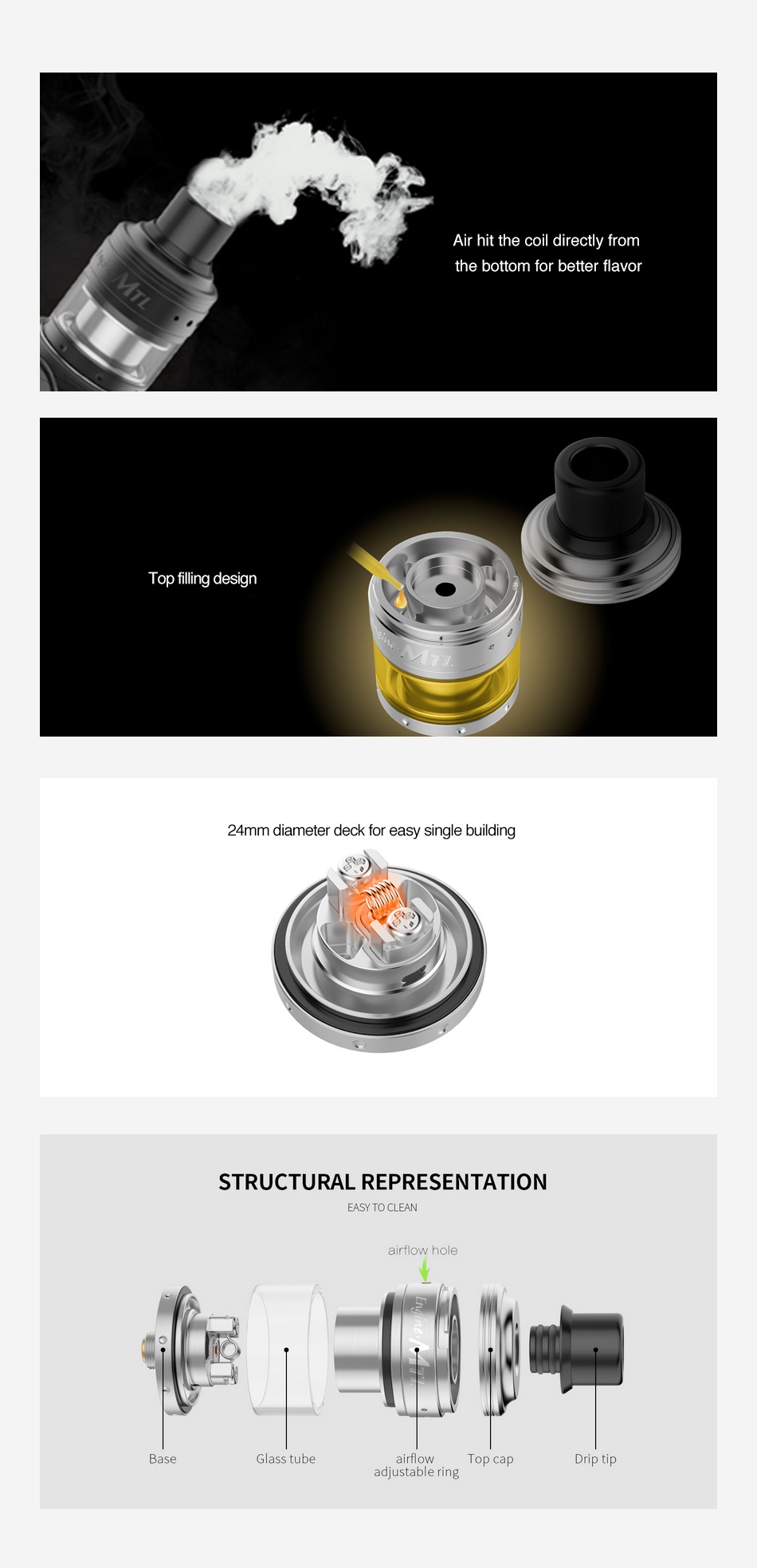 OBS Engine MTL RTA 2ml Air hit the coil directly from the bottom for better flay 24mm diameter deck for easy single building STRUCTURAL REPRESENTATION ASY TO CLEAN Glass tube op cap adjustable ring