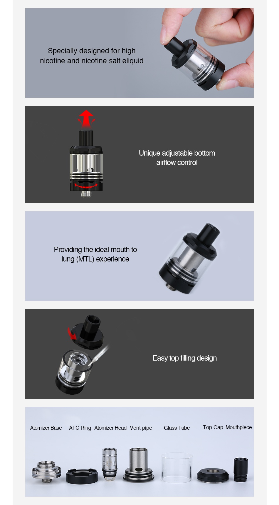 WISMEC AMOR NS Atomizer 2ml Specially designed for high nicotine and nicotine salt liquid Unique adiustable bottom allow control Providing the ideal mouth to lung MTL  experience Easy top filling design Atomizer Base AFC Ring Atomizer Head Vent pipe Glass Tube Top Cap Mouthpiece