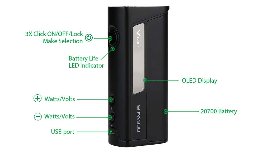 Innokin OCEANUS 110W 20700 VW Box MOD 3000mAh 3X Click ON OFF Lock Make selection Battery life ry LED Indicator OLED Displa t Watts olts 20700 Batter WAtts olts USB port